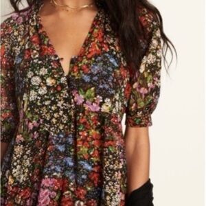 Anthropologie Sunmers Night Multi Floral Puff Sleeve W/ Black tunic Dress 1x